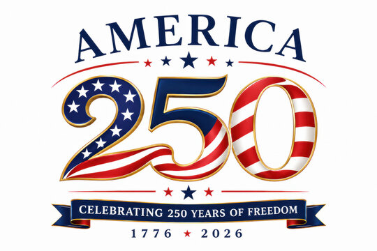 America 250 anniversary celebration logo with patriotic flag colors and stars on white background
