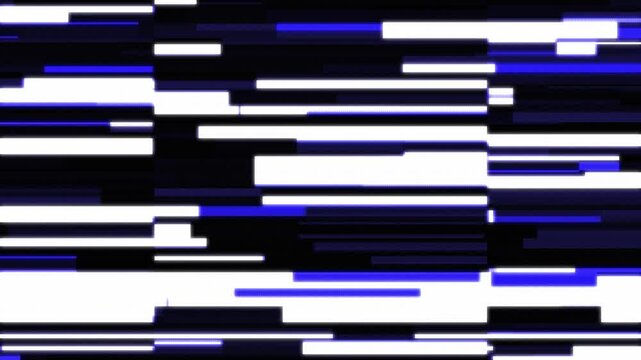 Blue white black glitch screen with horizontal broken signal artifacts. Analog static noise texture overlay background. Electronic interference pattern for cyber security and data error technology