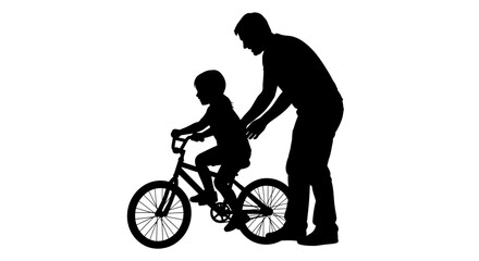 Obraz premium Happy Father's Day Father teaching son to ride bike, cycling lesson, family fun, bike riding, silhouette isolated on White Background vector