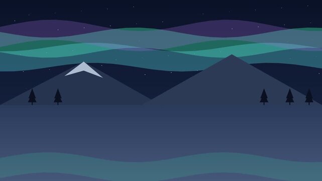 A serene flat design mountain landscape at night with a video showcasing nature's beauty