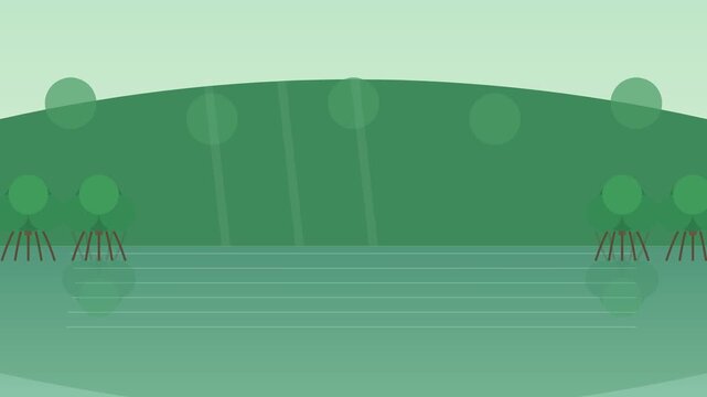 A serene flat design video showcasing a green landscape with trees and a body of water