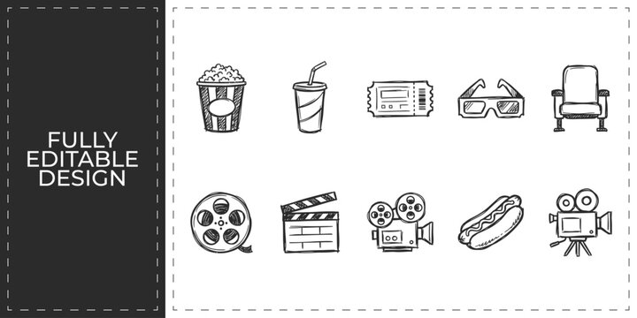 Movie theater and cinema entertainment hand drawn doodle icons set featuring popcorn film reel and 3D glasses for film industry and movie night promotion design