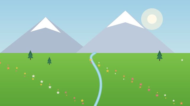 A serene flat design video landscape of a green field with a winding stream and majestic mountains under a sunny sky