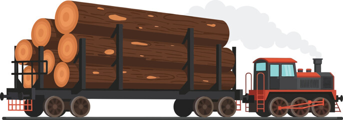 Flat design vector illustration of a steam locomotive pulling a cargo of logs representing timber transportation and the lumber industry © Ahmad