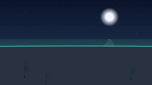 A serene flat design video of a full moon shining brightly in a dark night sky