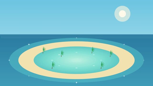 A flat design video showcasing a serene tropical island with a sandy beach and palm trees under a sunny sky