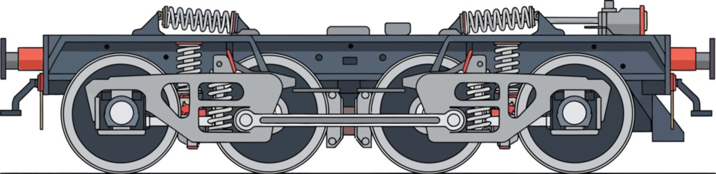 Industrial vector illustration of a train bogie featuring detailed wheels and suspension perfect for railway engineering and transportation graphics
