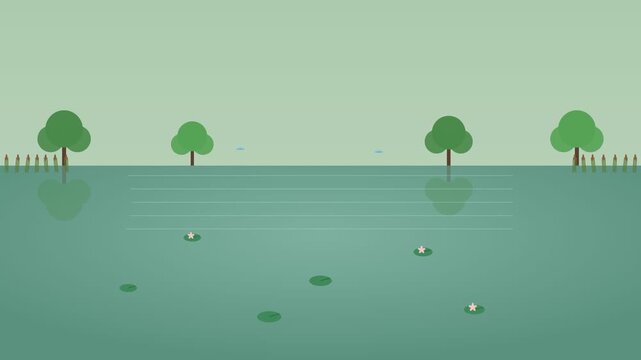 A serene flat design video animation of a peaceful lake with trees and ripples