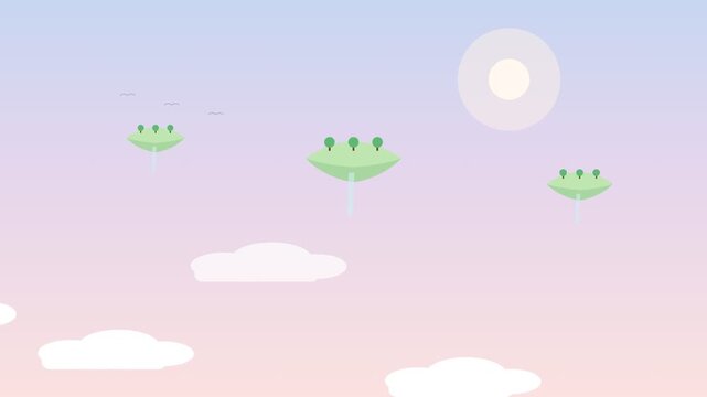 A flat design video of cute cartoon frogs flying in the sky with clouds and sun