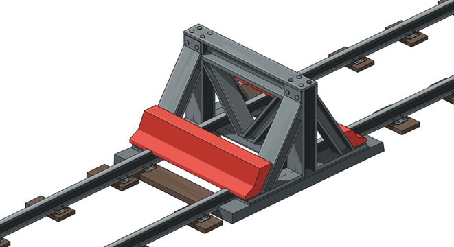 Industrial metal railway buffer stop with a red bumper an essential safety device for train tracks preventing derailment at the end of the line