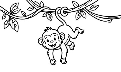 Obraz premium Monkey hanging from vine coloring page for kids