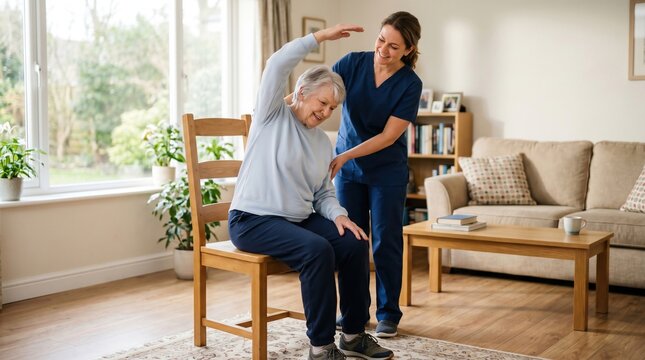 Nurse assisting elderly woman with chair exercise for physical therapy at home