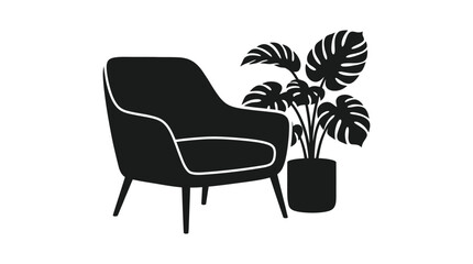 Fototapeta premium Armchair And Monstera Plant Black Silhouette On White Background