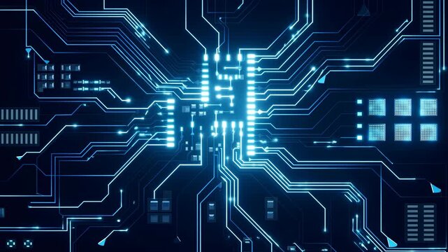 Glowing blue circuit board network with digital connections