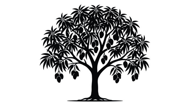 Mango tree with fruit detailed black silhouette mangifera
