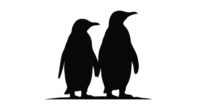 Two Penguins Standing Together Black Silhouette Against White Background