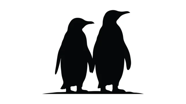 Two Penguins Standing Together Black Silhouette Against White Background