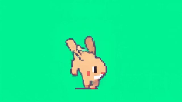 Static shot of pixel bunny jumping and bouncing upward on solid green background studio looped sprite animation retro game character