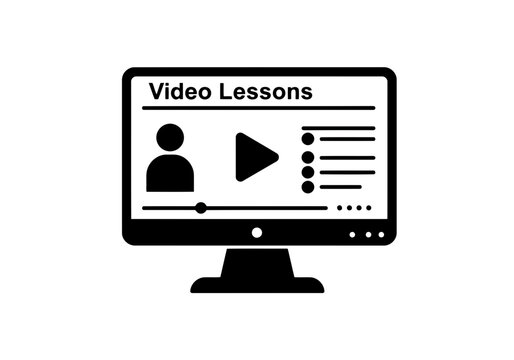 A black and white thick icon of a perfect computer monitor or screen displaying a video lesson interface