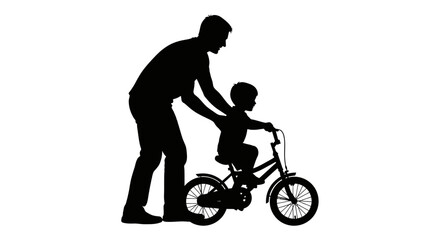Fototapeta premium Happy Father's Day Father helping child, kid on bike, cycling silhouette, family fun, parenting Vector