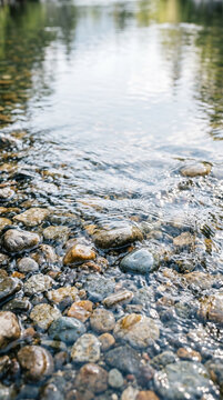clear water gently flowing over smooth river stones, sparkling reflections and soft ripples, natural daylight, calming and multisensory feeling, negative space in the upper portion