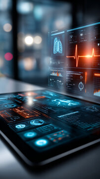 Futuristic digital medical dashboard displays advanced health data analytics and patient monitoring in a modern hospital setting. Innovative technology enhances healthcare efficiency