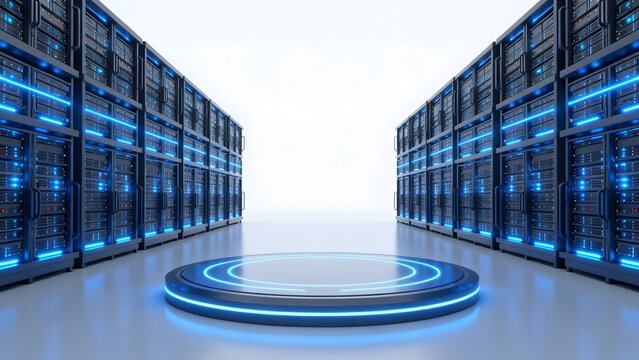 Rows of server racks in a data center