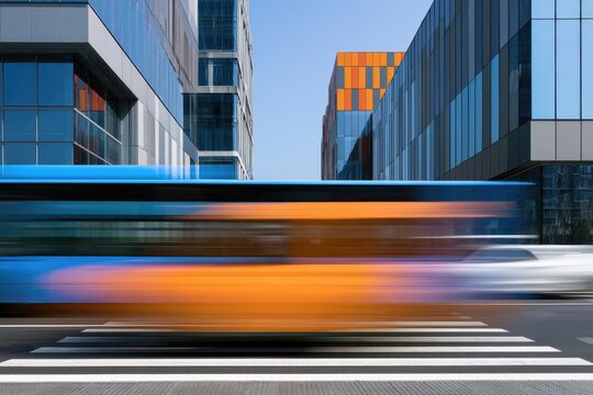 Blur of blue and orange bus speeds past modern buildings, crossing street
