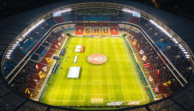 Stadium spectacle: An illuminated football stadium from above, brimming with spectators, a vibrant green field, and a palpable atmosphere of anticipation for the match to come.