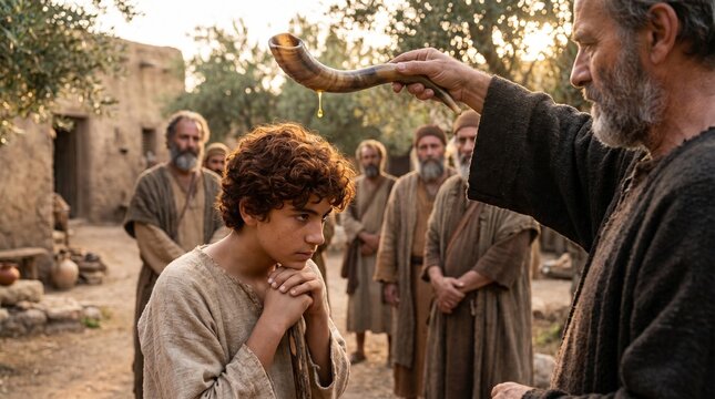 Prophet Samuel anointing the young shepherd David with oil from a horn