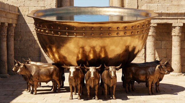 The giant bronze Molten Sea resting on twelve oxen in Solomon's Temple