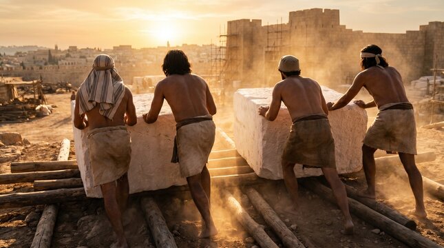 Construction of King Solomon's Temple in Ancient Jerusalem: Israelite and Phoenician Workers Moving Massive Stones