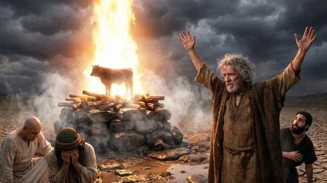 Fire falling from heaven onto the altar of prophet Elijah on Mount Carmel