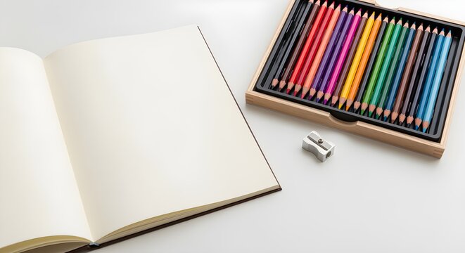 A blank sketchbook, a set of high-quality colored pencils, and a sharpener, on a white desk.