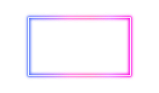 Futuristic neon glowing rectangle frame with blue pink gradient isolated on transparent background. LED light laser line border, electric neon sign. Empty space for banner, mockup, presentation, PNG