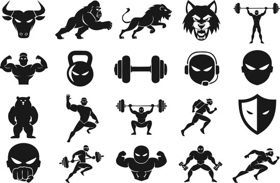 Set of black fitness and animal mascot icons isolated on transparent background, Vector