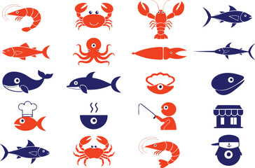 Obraz premium Set of sea life and fish icons in red and blue isolated on transparent background, Vector
