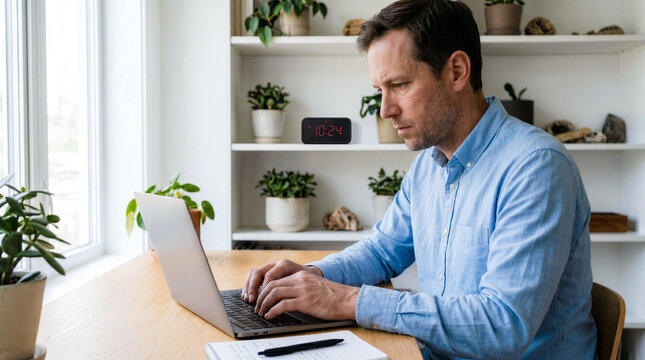 Portrait of a man working on a laptop in an office, electronic watch with a mounted camera for covert surveillance and monitoring of employees, copy space for text