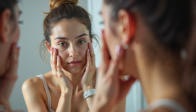 Young woman critically examining her reflection in mirror, self-image evaluation concept