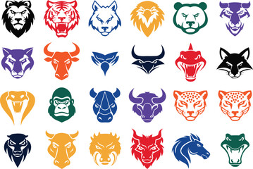 Fototapeta premium Set of colorful animal head icons and mascot logos isolated on transparent background, Vector
