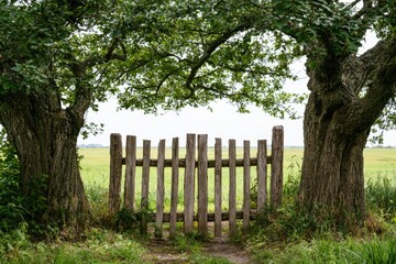 Obraz premium Rustic wooden gate between two large trees, opens to a field