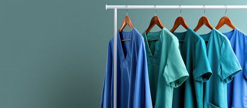 Clean scrubs in shades of blue and green hang neatly on a rack