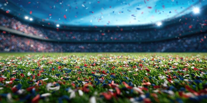 Stadium filled with confetti, lights, and a cheering crowd in the background