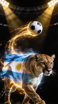 Tiger with Argentine flag in motion, kicking a soccer ball under bright stadium lights, showcasing a dynamic sports theme