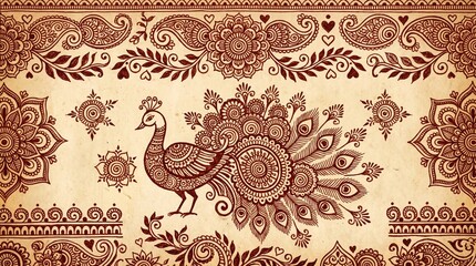 Intricate henna-style peacock with floral and paisley motifs in brown on beige, showcasing ornamental symmetry and traditional Indian artistry…