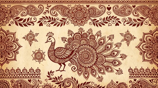 Intricate henna-style peacock with floral and paisley motifs in brown on beige, showcasing ornamental symmetry and traditional Indian artistry&hellip;