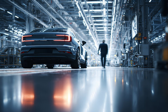 Modern electric car in a high tech automotive factory with bright lights and advanced machinery. A person walks in the background, highlighting innovation and futuristic design