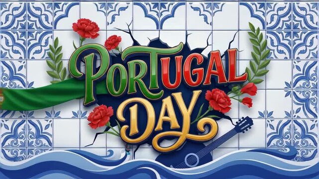 Festive Portugal Day Banner Featuring Azulejo Tiles and Traditional Symbols