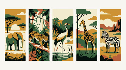 Obraz premium Vibrant Abstract African Wildlife Blocks: Zebra Giraffe Crane Leopard and Elephant Mosaic
