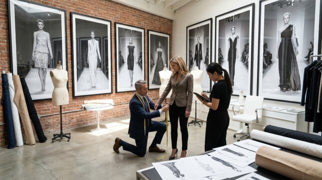 Professional wide shot measurement session in a high end design studio showing a tailor fitting a garment on a client, captured with high detail in a 198 gigapixel photography style for fashion.